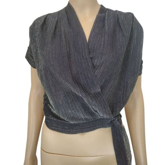 70s Cropped Black Silver Metallic Thread Short Sleeve V Neck Top Size Small - Picture 1 of 6